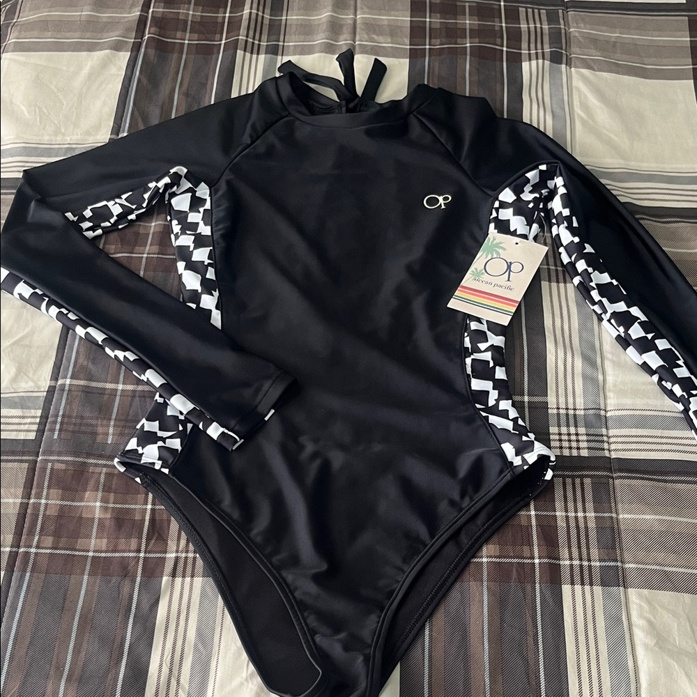 OP Women's Black and White Long Sleeve Swimsuit